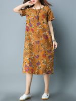 Vintage Women Short Sleeve O-Neck Floral Print Dresses