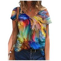 Women's T shirt Tee Green Blue Pink Tie Dye Print Short Sleeve Casual Weekend Basic V Neck Regular Abstract Painting S  3D Print Lightinthebox - thumbnail