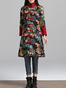 Folk Style Flower Printed Stand Collar Coat