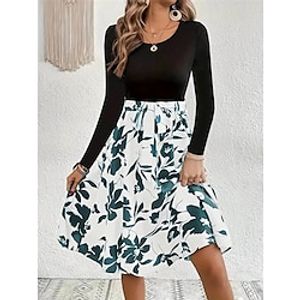 Women's Casual Dress A Line Dress Leaf Print Crew Neck Midi Dress Streetwear A Line Street Holiday Long Sleeve Regular Fit White Yellow Wine Summer Spring S M L XL 2XL Lightinthebox