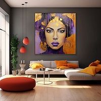 Hand painted Abstract Portraits of Women Oil Painting On Canvas handmade Custom Gold Wall Art Modern girl Painting Purple Wall Art face oil painting for Living Room Home Decor Lightinthebox - thumbnail