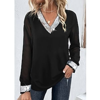 Women's Shirt Blouse Black Plain Sparkly Sequins Long Sleeve Casual Fashion V Neck Regular Fit Spring Fall Lightinthebox Women's Shirt Blouse Black Plain Sparkly Sequins Long Sleeve Casual Fashion V Neck Regular Fit Spring Fall Lightinthebox