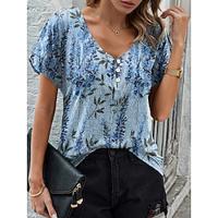 Women's T shirt Tee Floral Casual Holiday Blue Button Print Short Sleeve Fashion V Neck Regular Fit Summer Lightinthebox