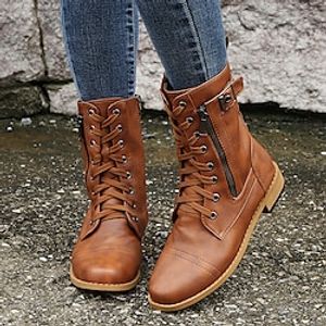 Women's Boots Combat Boots Lace Up Boots Outdoor Daily Booties Ankle Boots Zipper Flat Heel Round Toe Vintage Casual Comfort Walking Faux Leather Patent Leather Zipper Light Brown Black Gray miniinthebox