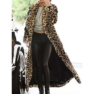 Women's Winter Coat Long Faux Fur Coat Leopard Print Overcoat Fall Windproof Warm Trench Coat Stylish Plush Casual Jacket Long Sleeve Brown miniinthebox