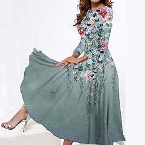 Women's Casual Dress Swing Dress Midi Dress Blue Green Grey Long Sleeve Flower Pocket Summer Spring Fall Crew Neck Fashion 2023 S M L XL XXL 3XL miniinthebox