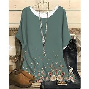 Women's Plus Size Tops Blouse Shirt Floral Print Half Sleeve Crewneck Streetwear Daily Sports Cotton Spandex Jersey Spring Summer Green Gray miniinthebox