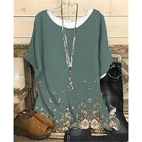 Women's Plus Size Tops Blouse Shirt Floral Print Half Sleeve Crewneck Streetwear Daily Sports Cotton Spandex Jersey Spring Summer Green Gray miniinthebox - thumbnail