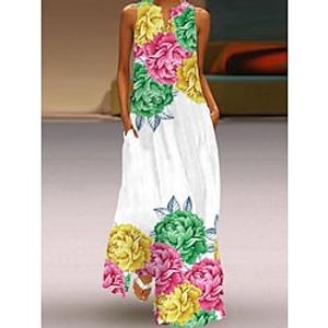Women's Casual Dress Sheath Dress Swing Dress Leopard Floral Pocket Print V Neck Maxi Dress Active Fashion Vacation Going out Sleeveless Regular Fit Black And White White Yellow Spring Summer S M L Lightinthebox