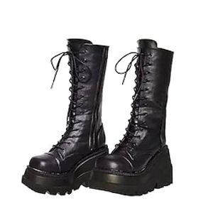 Women's Boots Halloween Daily Club Goth Boots Costume Shoes Lace Up Boots Mid Calf Boots Winter Lace-up Platform Wedge Heel Round Toe Punk Gothic Faux Leather Zipper Solid Colored Black Lightinthebox