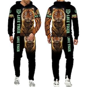 Men's Tracksuit Hoodies Set Black And White Blue Yellow Orange Brown Hooded Graphic Animal Patterned 2 Piece Print Sports  Outdoor Casual Sports 3D Print Basic Streetwear Sportswear Fall Spring miniinthebox