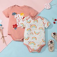Baby Girls' Basic Rainbow Letter Print Short Sleeves Romper White Blushing Pink miniinthebox - thumbnail