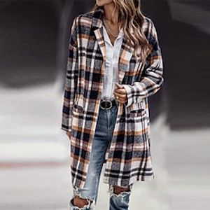 Women's Winter Coat Windproof Warm Outdoor Street Daily Vacation Single Breasted Turndown Street Style Shacket Stripes and Plaid Regular Fit Outerwear Long Sleeve Winter Fall Green Pink Yellow S M L Lightinthebox