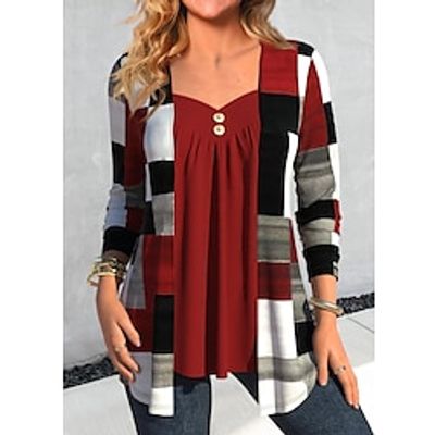 Women's Shirt Blouse Plaid Red Blue Sky Blue Print Button Long Sleeve Casual Fashion V Neck Regular Fit Spring   Fall Lightinthebox