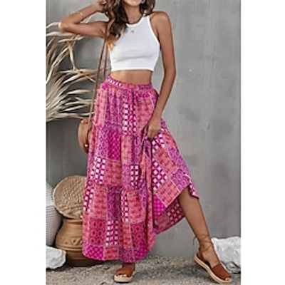 Women's Swing Maxi Cotton Blend Red Blue Fuchsia Skirts Autumn / Fall Print Fashion Boho Daily Going out S M L miniinthebox