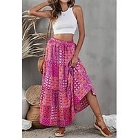 Women's Swing Maxi Cotton Blend Red Blue Fuchsia Skirts Autumn / Fall Print Fashion Boho Daily Going out S M L miniinthebox - thumbnail