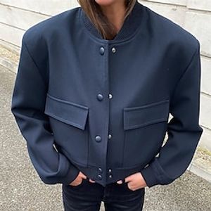 Women's Bomber Jacket Outdoor Street Daily Wear Fall Winter Short Coat Regular Fit Warm Breathable Comtemporary Stylish Casual Jacket Long Sleeve Solid Color with Pockets Black White Dark Navy Lightinthebox