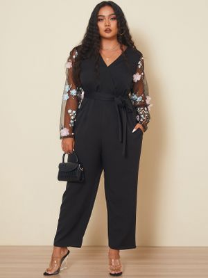 YOINS Plus Size V-neck Wrap Design Belt Design Long Sleeves Jumpsuit YOINS Plus Size V-neck Wrap Design Belt Design Long Sleeves Jumpsuit