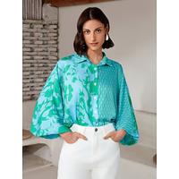 Satin Floral Geometric Puff Sleeve Button Up Shirt