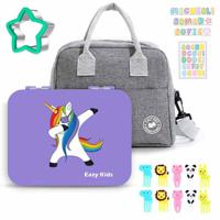 Eazy Kids Unicorn Purple 6 Compartment Bento Lunch Box With Lunch Bag - Grey