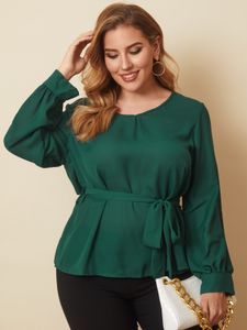 Plus Size Belt Design Self-tie Design Long Sleeves Blouse