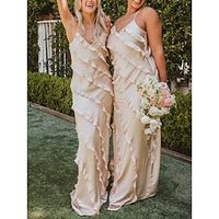 Sheath  Column Bridesmaid Dress Spaghetti Strap Sleeveless Elegant Sweep  Brush Train Stretch Satin with Ruffles  Ruching 2022 Lightinthebox - thumbnail
