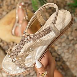 Women's Sandals Bling Bling Boho Bohemia Beach Comfort Shoes Vacation Beach Summer Rhinestone Flat Heel Elegant Bohemia Vacation Faux Leather Elastic Band Silver Black Gold Lightinthebox