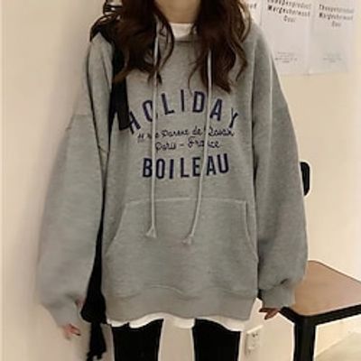 Women's Hoodie Sweatshirt Pullover Active Sportswear Drawstring Front Pocket Print Red Navy Blue Gray Letter Casual Sports Hoodie Long Sleeve Top Micro-elastic Fall  Winter Lightinthebox