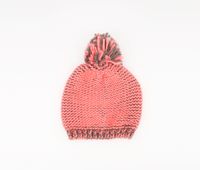 Kids Girls Knitted Pom Hat  Coral/Grey - thumbnail
