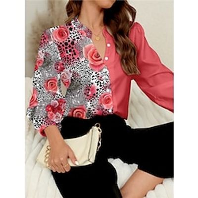 Women's Shirt Blouse Floral Red Blue Green Print Button Long Sleeve Work Casual Fashion Modern Standing Collar Regular Fit Spring Lightinthebox