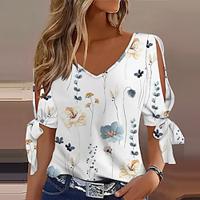 Women's Shirt Blouse Floral Daily Vacation Cut Out Print White Short Sleeve Casual V Neck Summer Lightinthebox