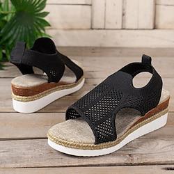 Women's Sandals Wedge Sandals Daily Platform Round Toe Bohemia Vintage Fashion Walking PU Tissage Volant Elastic Band Black Khaki Beige Lightinthebox