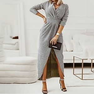 Women's Party Dress Sheath Dress Long Dress Maxi Dress Black Silver Gold Long Sleeve Pure Color Ruched Winter Fall V Neck Party Winter Dress Weekend Slim 2022 S M L XL XXL miniinthebox