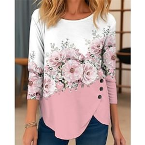 Women's T shirt Tee Pink Dusty Rose Purple Floral Print Long Sleeve Holiday Weekend Fashion Round Neck Regular Fit Floral Painting Spring   Fall Lightinthebox