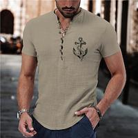 Men's Shirt Cotton Linen Shirt White Cotton Shirt Casual Shirt Khaki Short Sleeve Anchor Band Collar Summer Street Hawaiian Clothing Apparel Button-Down Lightinthebox