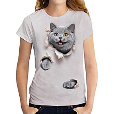 Women's 3D Cat T shirt Cat 3D Animal Print Round Neck Basic Tops Gray miniinthebox