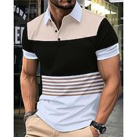 Men's Golf Shirt Golf Polo Work Casual Lapel Short Sleeve Basic Modern Color Block Stripes Patchwork Button Spring Summer Regular Fit Black White Golf Shirt Lightinthebox