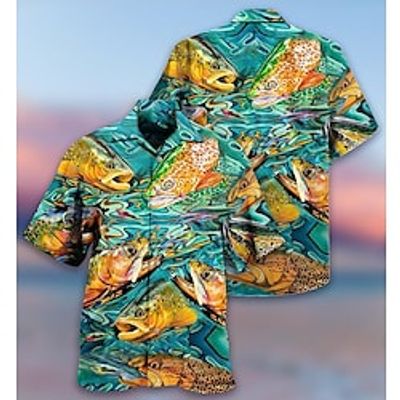 Men's Shirt Summer Hawaiian Shirt Graphic Prints Fish Turndown Green Casual Holiday Short Sleeve Button-Down Print Clothing Apparel Tropical Fashion Hawaiian Soft Lightinthebox