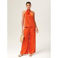 Orange Stand Collar Wide Leg Pants Set
