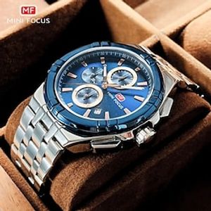 MINI FOCUS Analog Quartz Watch Men Stainless Steel Black Waterproof Dress Wristwatch with Chronograph Date Luminous Hands 0471 miniinthebox