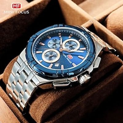MINI FOCUS Analog Quartz Watch Men Stainless Steel Black Waterproof Dress Wristwatch with Chronograph Date Luminous Hands 0471 miniinthebox