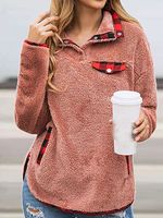 Polo Collar Casual Loose Check Printed Velvet Panel Sweatshirt