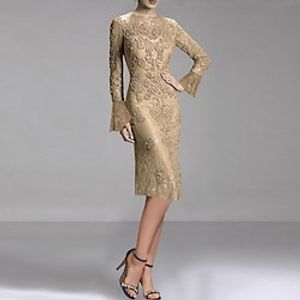 Sheath  Column Cocktail Dresses Elegant Dress Party Wear Knee Length Long Sleeve Jewel Neck Lace with Appliques 2022 Lightinthebox