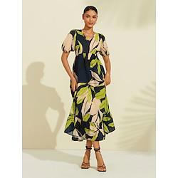 Green Leaves Pattern V Neck Midi Dress Lightinthebox