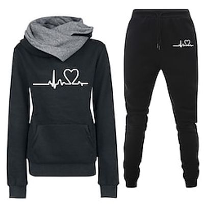 Women's Hoodie Tracksuit Pants Sets Heart Black Blue Green Drawstring Print Long Sleeve Outdoor Casual Warm Sports Hooded Regular Fit Fall  Winter Lightinthebox