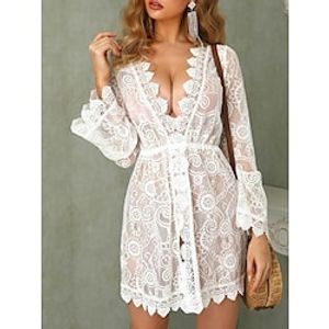 Women's Cover Up Beach Formal Dress Beach Wear Mini Formal Dress Lace Tropical Fashion Plain V Neck Long Sleeve Regular Fit Outdoor Daily White 2023 Summer Spring S M L XL Lightinthebox