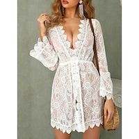 Women's Cover Up Beach Formal Dress Beach Wear Mini Formal Dress Lace Tropical Fashion Plain V Neck Long Sleeve Regular Fit Outdoor Daily White 2023 Summer Spring S M L XL Lightinthebox - thumbnail