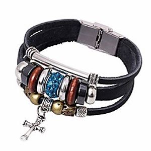 handmade leather bracelets set for men and women vintage cross beaded braided adjustable wrap cuff bracelet (multilayer bracelet-blue beads) Lightinthebox
