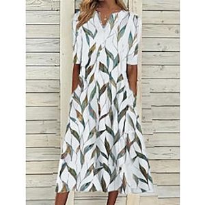 Women's Casual Dress Shift Dress Midi Dress White Blue Half Sleeve Leaf Print Summer Spring V Neck Classic Vacation 2023 S M L XL XXL 3XL miniinthebox