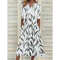 Women's Casual Dress Shift Dress Midi Dress White Blue Half Sleeve Leaf Print Summer Spring V Neck Classic Vacation 2023 S M L XL XXL 3XL miniinthebox - thumbnail